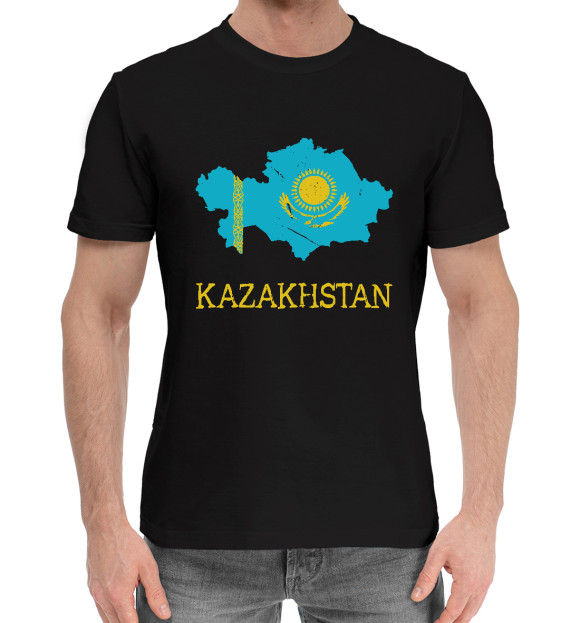 Мужская хлопковая футболка с изображением Kazakhstan цвета Черный