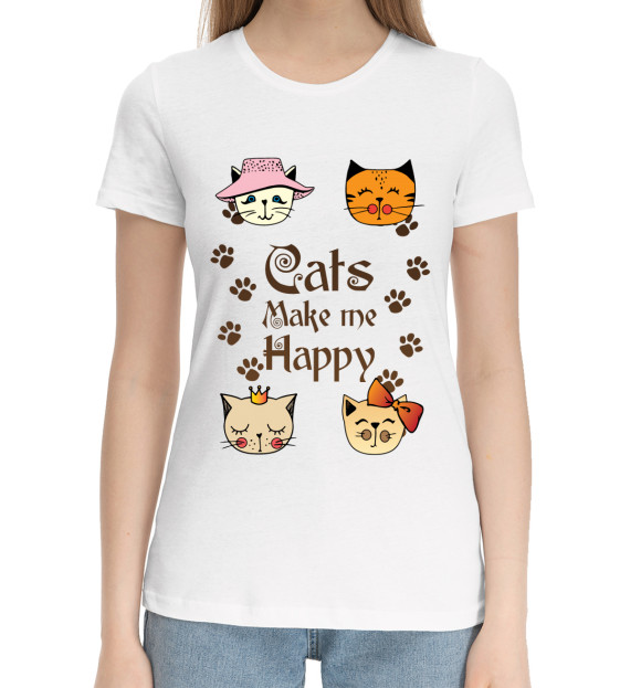 Женская хлопковая футболка с изображением Cats Make me Happy цвета Белый