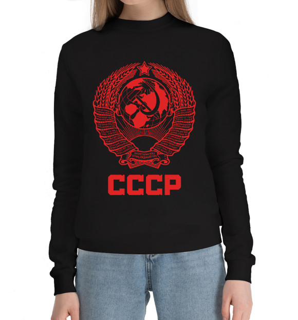 Женский хлопковый свитшот с изображением Герб СССР (красный фон) цвета Черный