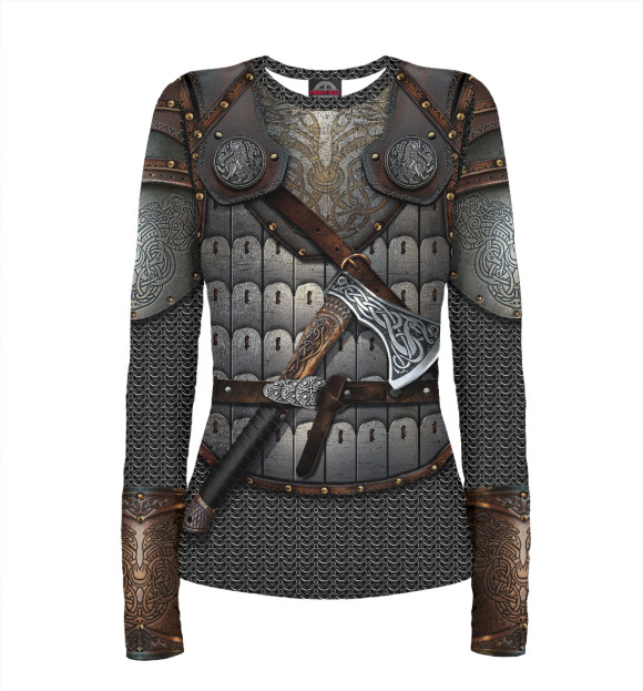 Женский лонгслив с изображением Богатырские доспехи с топорами цвета Белый