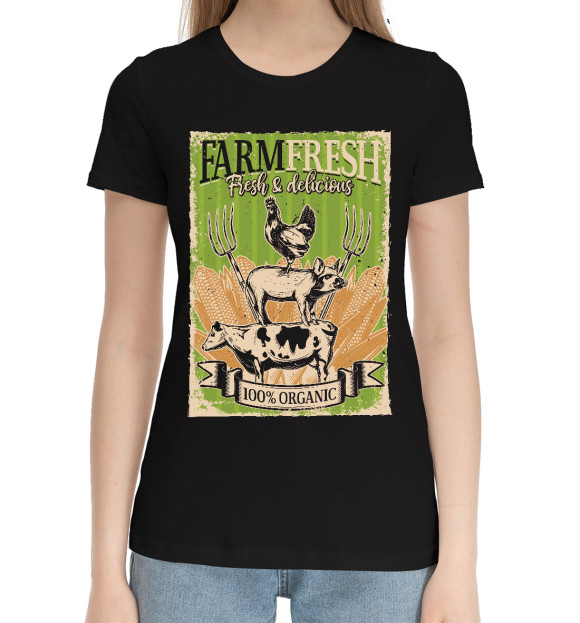 Женская хлопковая футболка с изображением Фермерская свежесть цвета Черный