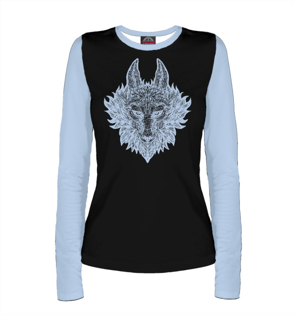 Женский лонгслив с изображением Волк (blue) цвета Белый