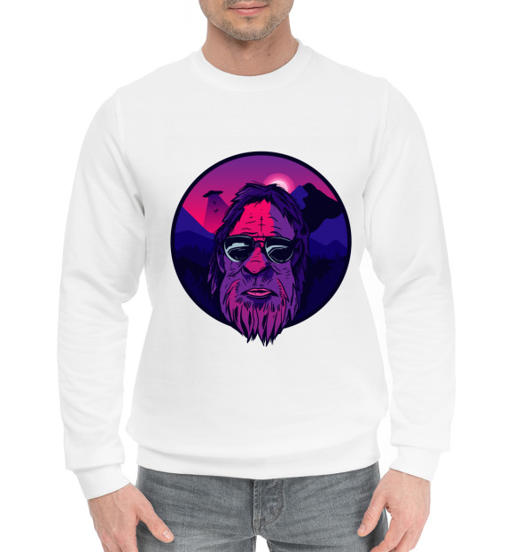 Мужской хлопковый свитшот с изображением Бигфут и НЛО цвета Белый