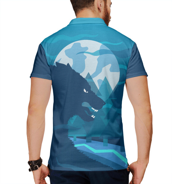 Мужское поло с изображением Волк в лесу под луной цвета Белый