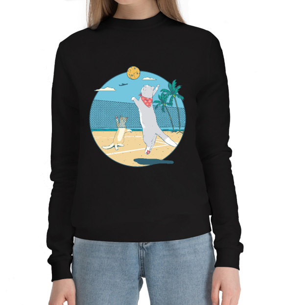 Женский хлопковый свитшот с изображением Волейбольные котики цвета Черный