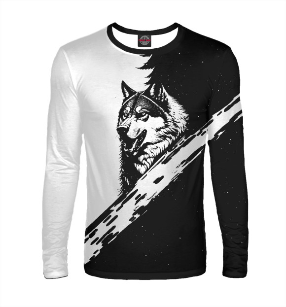 Мужской лонгслив с изображением Волк на краю леса цвета Белый