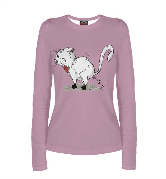 Женский лонгслив с изображением Хулиганистый котик (розовый фон) цвета Белый