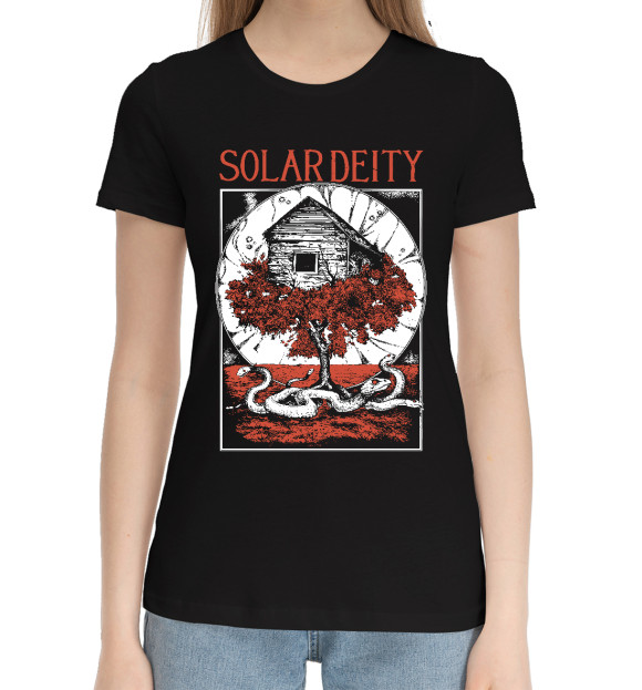 Женская хлопковая футболка с притом Solar Deity цвета Черный Женская хлопковая футболка с изображением Solar Deity цвета Черный