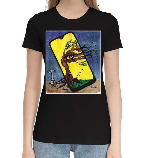 Женская хлопковая футболка с притом Смартфон цвета Черный Женская хлопковая футболка с изображением Смартфон цвета Черный