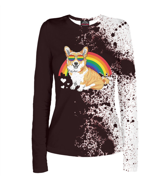 Женский лонгслив с изображением Corgi With Rainbow цвета Белый