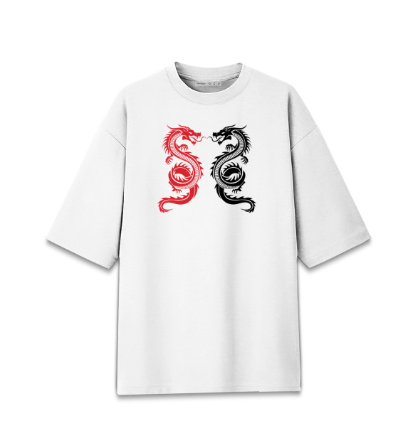 Мужская футболка оверсайз с притом Два Дракона цвета Белый Мужская футболка оверсайз с изображением Два Дракона цвета Белый
