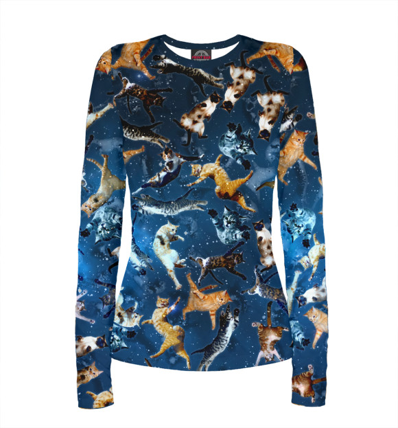 Женский лонгслив с изображением Космические коты цвета Белый