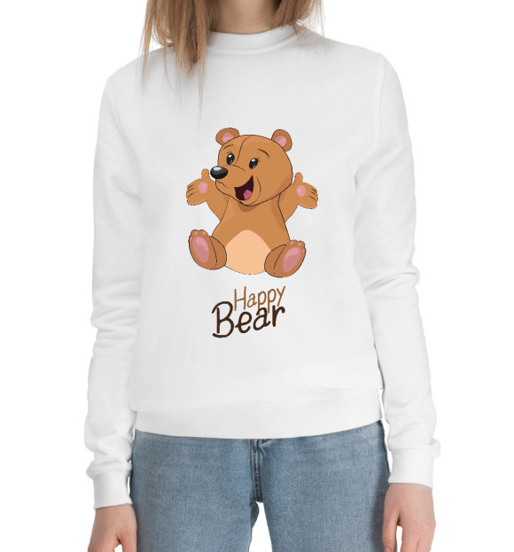 Женский хлопковый свитшот с изображением Счастливый Мишка цвета Белый