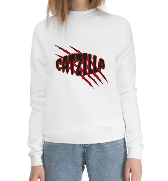 Женский хлопковый свитшот с изображением Catzilla с когтями цвета Белый