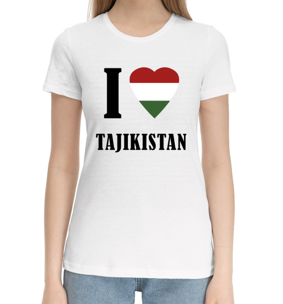 Женская хлопковая футболка с изображением I love Tajikistan цвета Белый