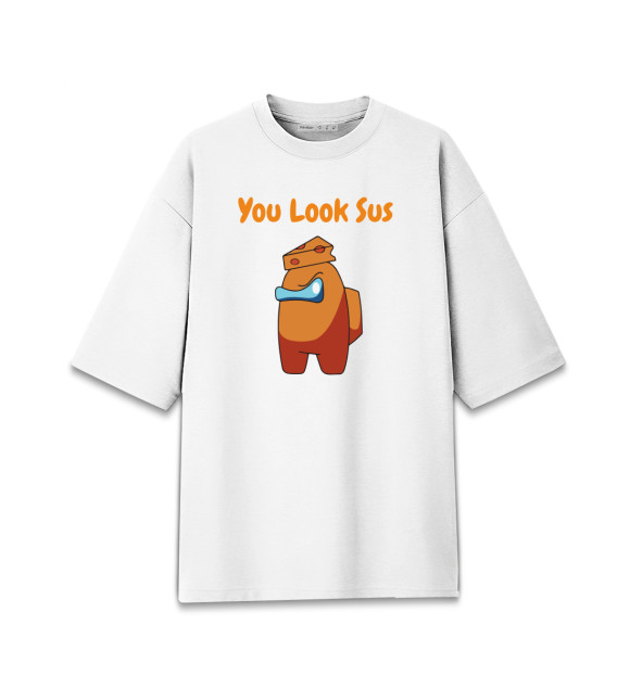 Мужская футболка оверсайз с притом You Look Sus цвета Белый Мужская футболка оверсайз с изображением You Look Sus цвета Белый