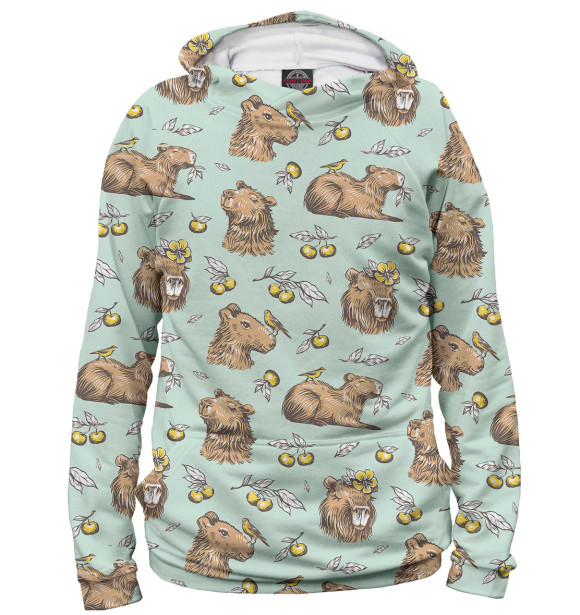 Мужское худи с изображением Капибара с ягодами цвета Белый