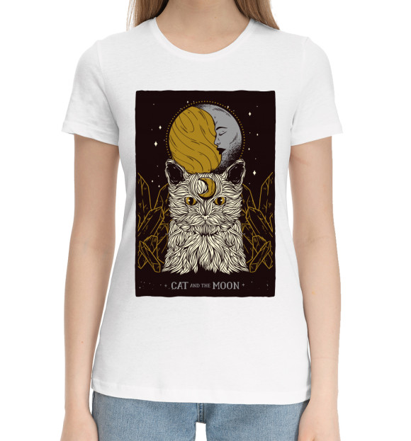 Женская хлопковая футболка с изображением Cat Moon Tarot цвета Белый