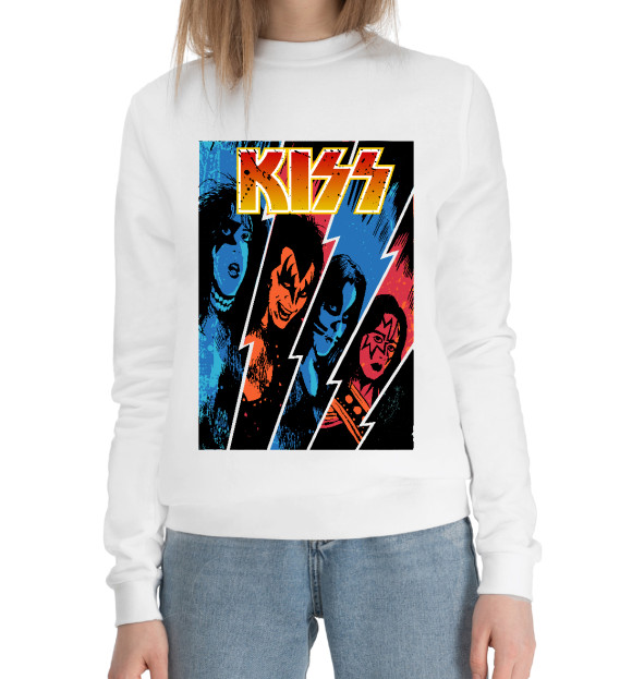 Женский хлопковый свитшот с изображением Kiss цвета Белый