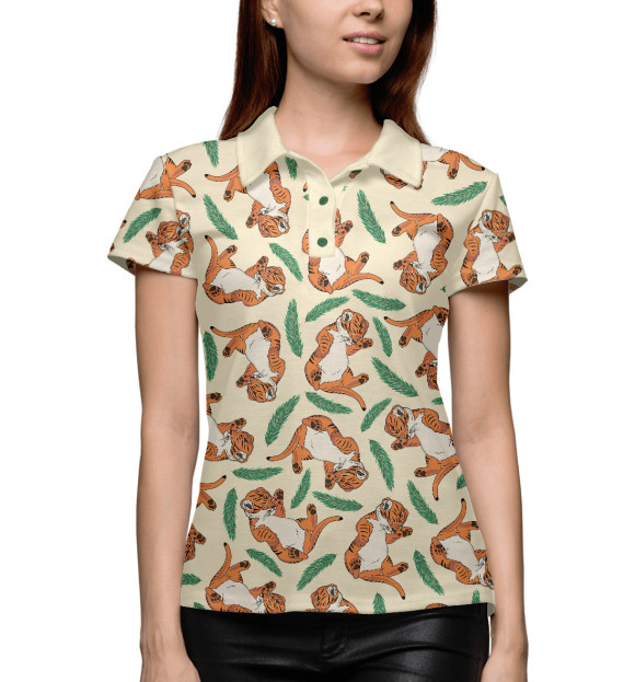 Женское поло с изображением Тигрята и ветки ели цвета Белый