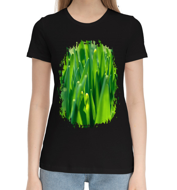 Женская хлопковая футболка с изображением Трава цвета Черный