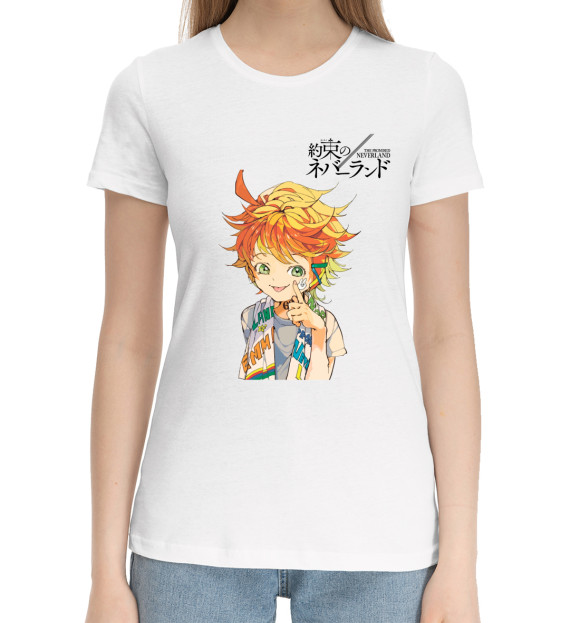 Женская хлопковая футболка с притом Обещанный Неверленд Эмма цвета Белый Женская хлопковая футболка с изображением Обещанный Неверленд Эмма цвета Белый