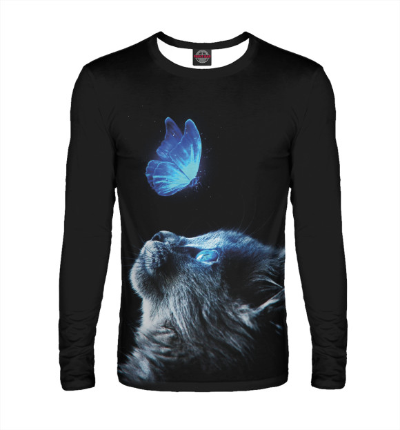 Мужской лонгслив с изображением Котенок и бабочка неон цвета Белый