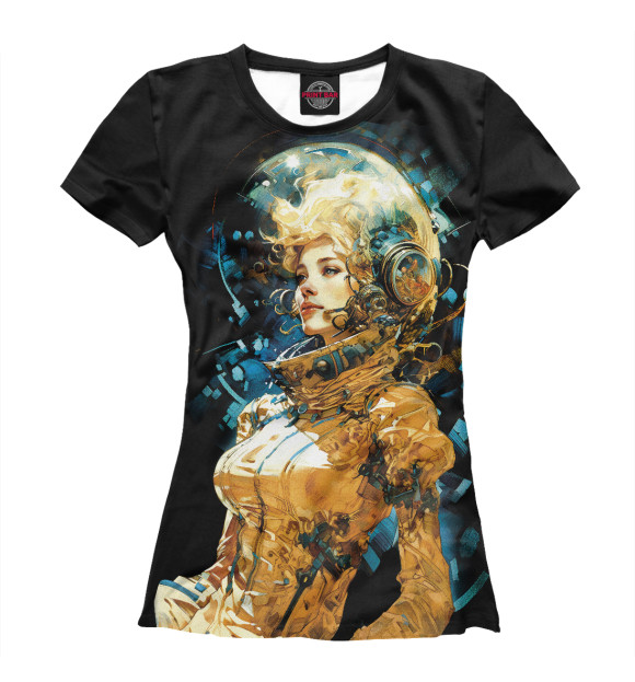 Женская футболка с изображением Блондинка-космонавт в золотом скафандре цвета Белый