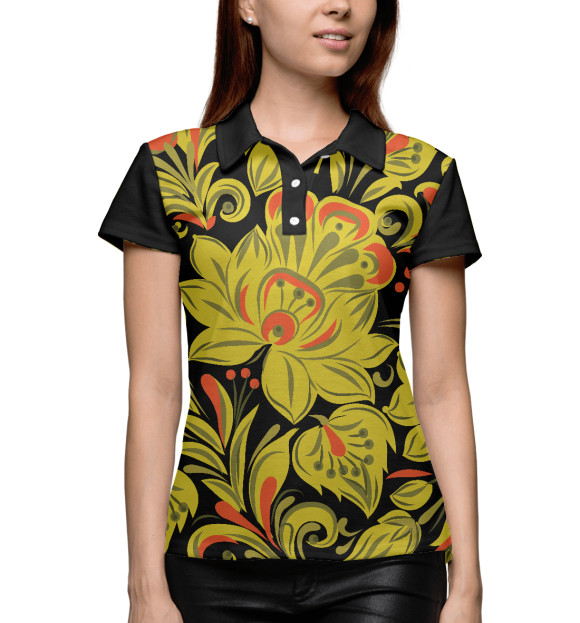 Женское поло с изображением Хохлома цвета Белый