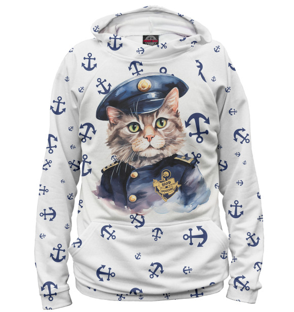 Мужское худи с притом Кот ВМФ цвета Белый Мужское худи с изображением Кот ВМФ цвета Белый