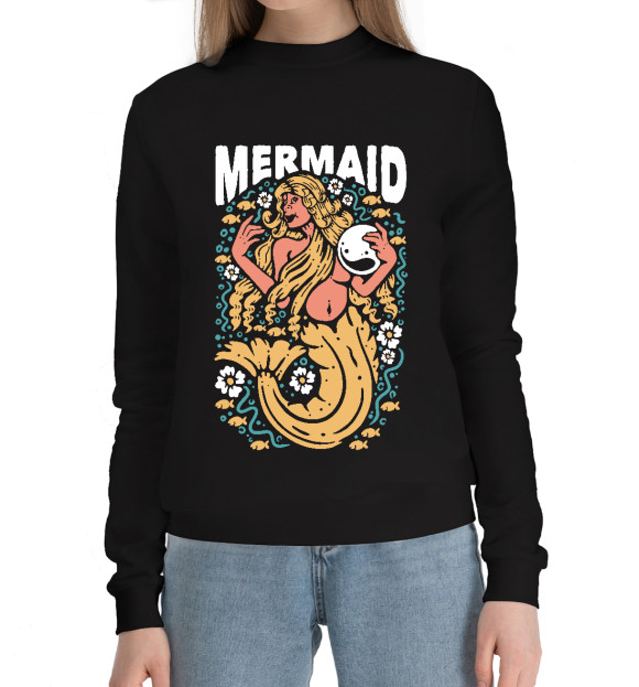 Женский хлопковый свитшот с изображением Златовласая Русалочка цвета Черный