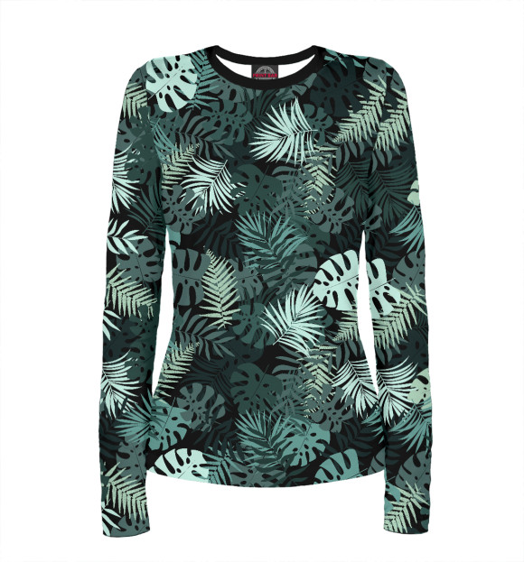 Женский лонгслив с притом Тропические листья монстеры заленые цвета Белый Женский лонгслив с изображением Тропические листья монстеры заленые цвета Белый