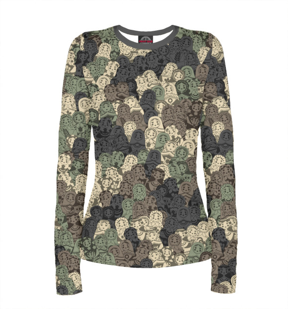 Женский лонгслив с изображением Камуфляж из матрёшек цвета Белый