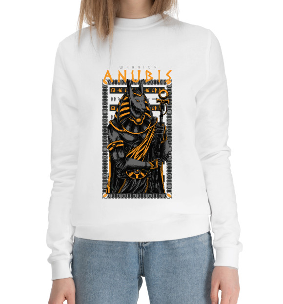 Женский хлопковый свитшот с изображением Anubis warrior цвета Белый