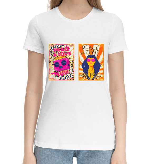 Женская хлопковая футболка с изображением Мир и любовь музыка цвета Белый