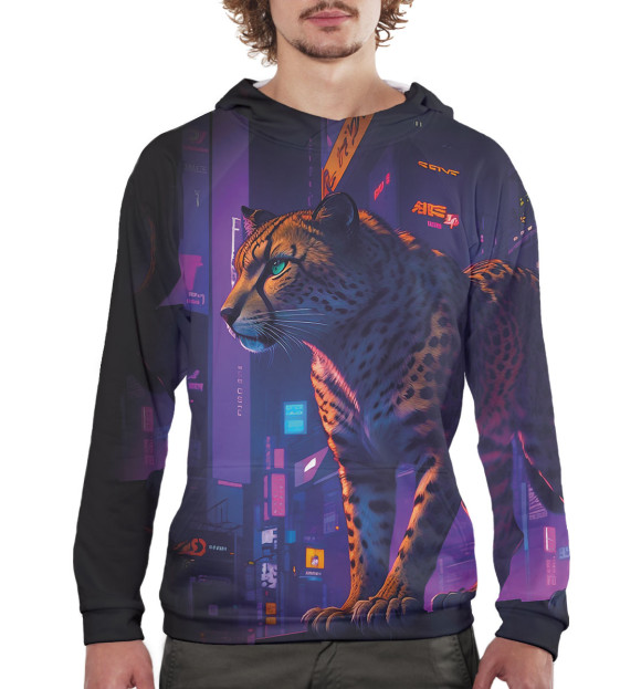 Мужское худи с изображением Гепард на фоне города цвета Белый