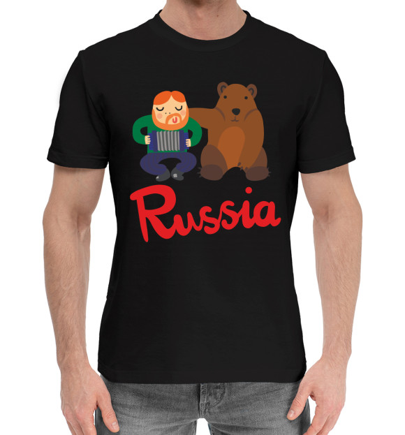 Мужская хлопковая футболка с изображением Медведь и гармонист цвета Черный