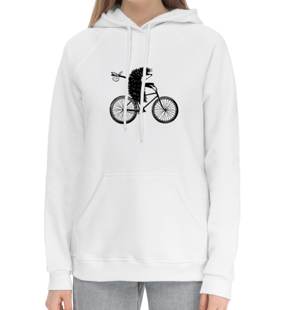 Женский хлопковый худи с изображением Ежик на велосипеде цвета Белый