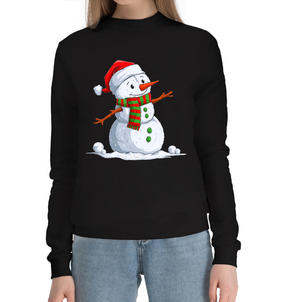 Женский хлопковый свитшот с изображением Веселый Снеговик цвета Черный