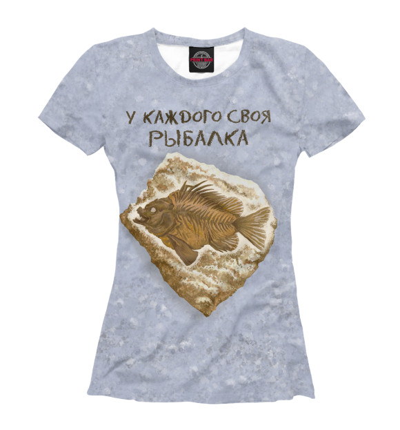 Женская футболка с изображением Окаменелая рыба на камне на сером фоне цвета Белый