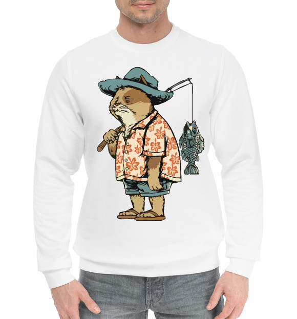 Мужской хлопковый свитшот с изображением Кот Рыбак цвета Белый