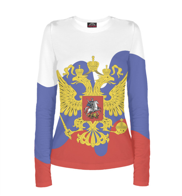 Женский лонгслив с притом Символика РФ цвета Белый Женский лонгслив с изображением Символика РФ цвета Белый