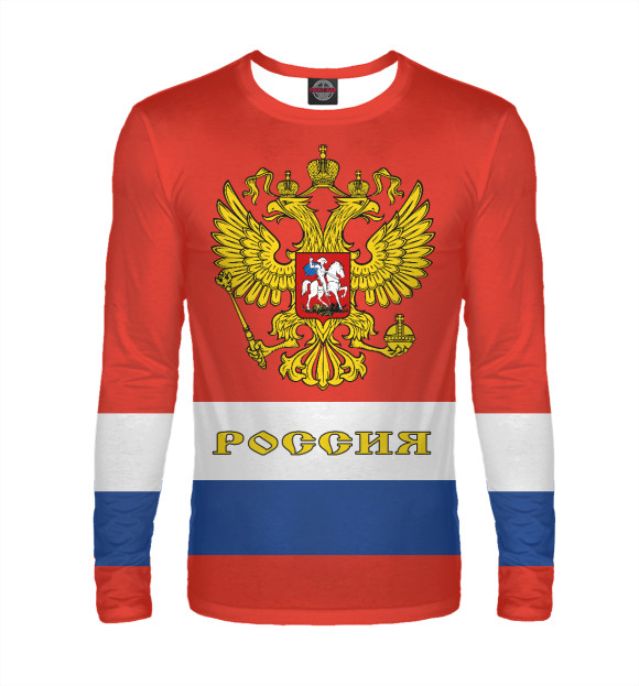 Мужской лонгслив с притом РОССИЯ цвета Белый Мужской лонгслив с изображением РОССИЯ цвета Белый