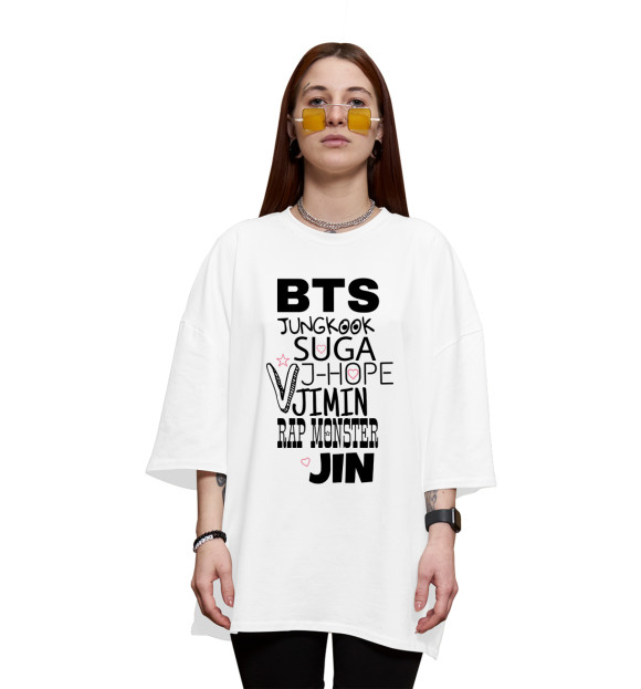 Женская футболка оверсайз с изображением BTS цвета Белый