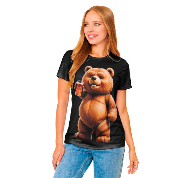 Женская футболка с изображением Медведь с пивом цвета Белый
