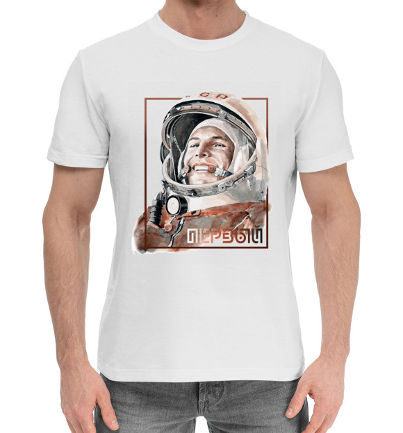 Мужская хлопковая футболка с изображением Гагарин цвета Белый