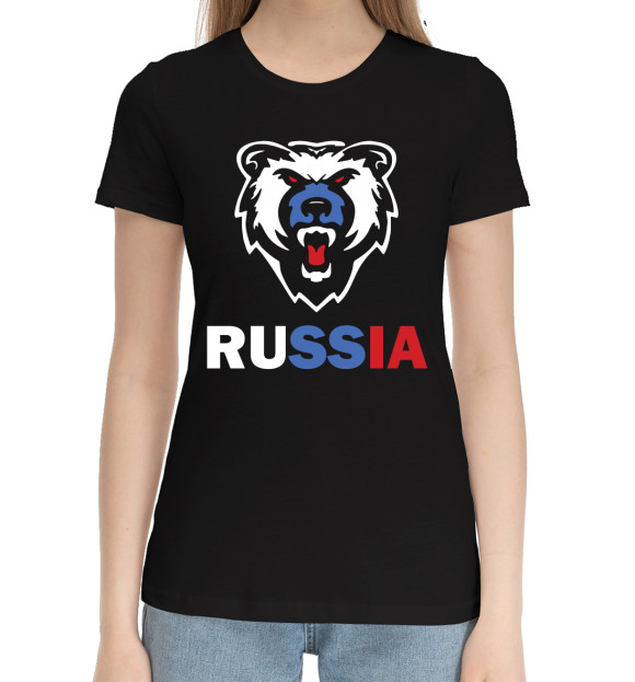 Женская хлопковая футболка с изображением Русский медведь цвета Черный