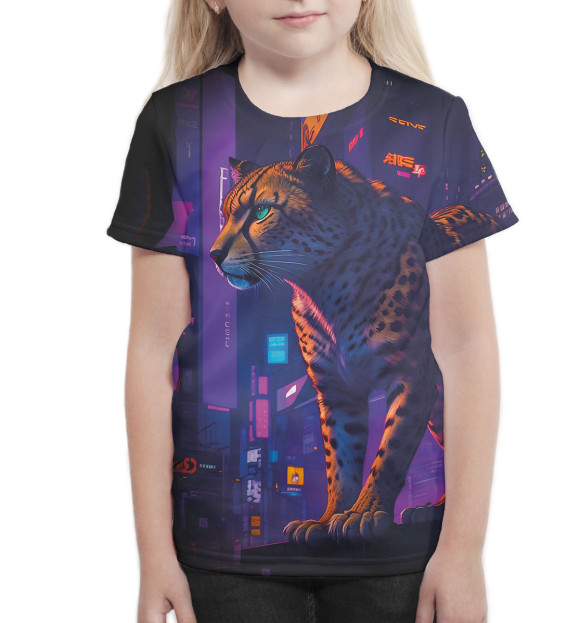 Футболка для девочек с изображением Гепард на фоне города цвета Белый