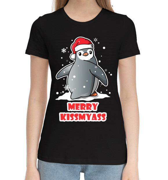 Женская хлопковая футболка с изображением Merry kissmyass цвета Черный