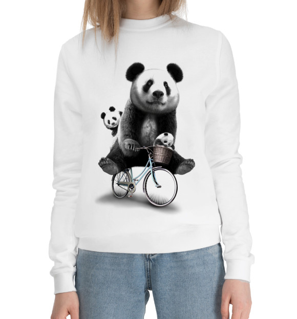 Женский хлопковый свитшот с изображением Панда на велосипеде цвета Белый